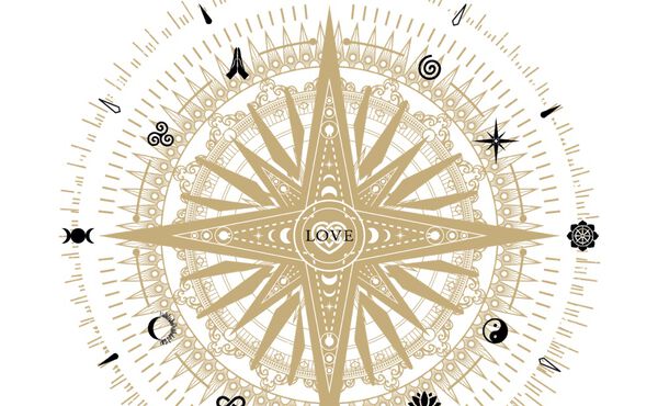 Illustration représentant la boussole Rituals avec l’amour au centre et des symboles spirituels autour d’un design doré en forme d’étoile.